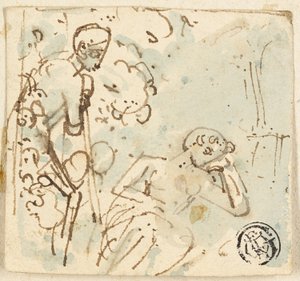 Skisse av mann som lener seg på staben, ser på sovende kvinne av Thomas Stothard