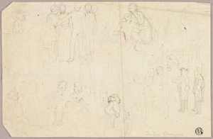 Skisser for Tristram Shandy (recto); Skisser av medaljong med sittende allegoriske figur (verso) av Thomas Stothard