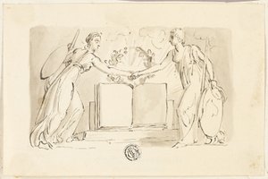 To allegoriske kvinnefigurer som slår hendene sammen før boken av Thomas Stothard