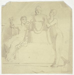 To kvinnelige figurer med en byste av Thomas Stothard