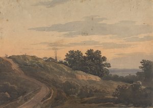 Kupert landskap med hus, sti og figurer av Thomas Sully