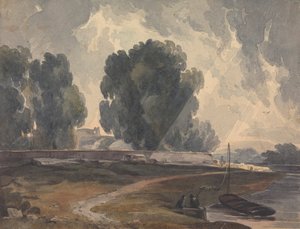 Landskap med trær og innsjø med figurer og båt av Thomas Sully