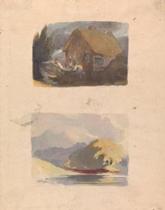 To tegninger på ett ark: Hytte med figurer foran (nr. 15); Landskap med elv og fjell - Sunshine (nr. 16) av Thomas Sully