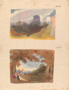 To tegninger på ett ark: Landskap med slott - moderne måte (nr. 13); Landskap med figurer i forgrunnen (nr. 14) av Thomas Sully