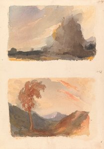 To tegninger på ett ark: Landskap med stor klippe i forgrunnen - Cuyps prinsipp (nr. 3); Landskap med tre i forgrunnen, fjell i avstand - Begges prinsipp (nr. 4) av Thomas Sully
