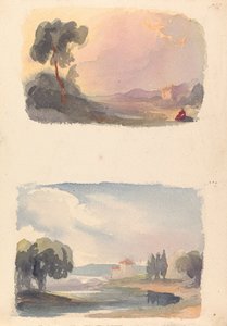 To tegninger på ett ark: Landskap med fjell i avstand og sittende figurer i forgrunnen (nr. 1); Landskap med elv og bygning, fjell i avstand (nr. 2) av Thomas Sully
