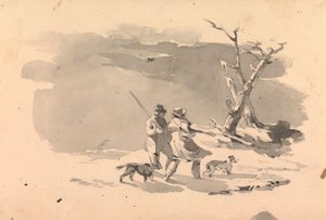 To jegere og to hunder i vinterscene av Thomas Sully