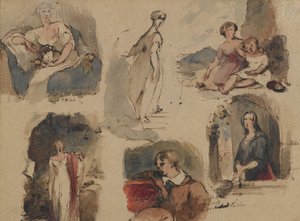 [Uten tittel] (Six Figure Studies), ca. 1830-tallet (jern galleblekk & wc på beige, middels vekt, moderat teksturert antikt lagt papir) (recto) av Thomas Sully