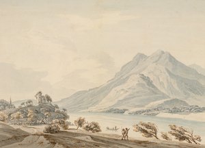 Rigi-fjellet og det gamle slottet i Hapsbourg ved Luzernsjøen (wc over grafitt på papir)