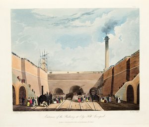 Inngangen til jernbanen ved Edge Hill, Liverpool, 1831 (håndfarget gravering) av Thomas Talbot Bury