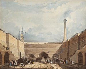 Inngangen til jernbanen ved Edge Hill, Liverpool, gravert av H. Pyall, 1831 (håndfarget etsning og akvatint) av Thomas Talbot Bury