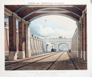 Utsikt tatt fra Under Hampstead Road Bridge, ser mot stasjonen ved Euston Square, 1837 (håndfarget gravering) av Thomas Talbot Bury