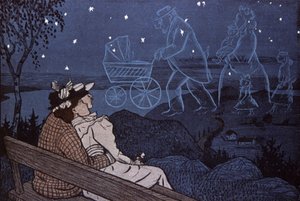 Par ute i det fri, ser på fremtiden sin i stjernene: barn, familie. Illustrasjon av Th.Th. Heine i: Simplicissimus, Tyskland av Thomas Theodor Heine