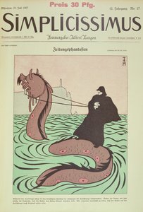Kaiser rir på Sea Snake til England, omslagsillustrasjon fra Simplicissimus av Thomas Theodor Heine