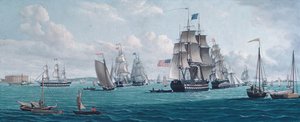 Det amerikanske skipet Franklin, med utsikt over New York-bukten, 1820- eller 1830-årene. av Thomas Thompson