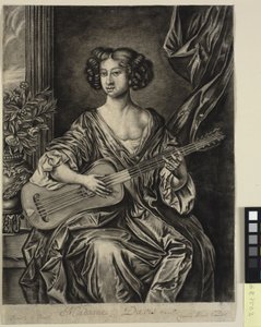Lady spiller gitar, "Madame Davis"; etter Sir Peter Lelys malte portrett, ca. 1674 av Mary Davies i Earl of Bradford-samlingen
