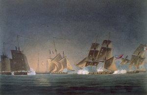 HMS Rinaldo engasjerer fire franske kapere, gravert av J. Bailey for 