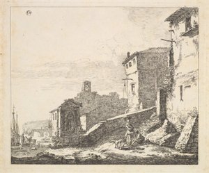 Landsbyscene med kvinne som står ved siden av en sittende mann kopi, 1600-tallet.