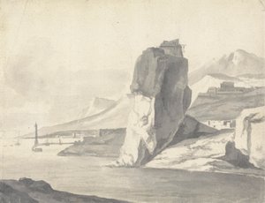 En kystscene (italiensk) med molo, høye klipper og et fort
