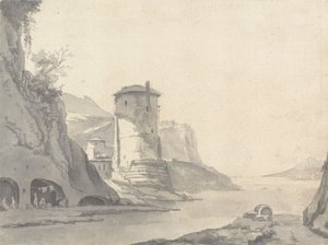En landsby i en steinete kystvik (italiensk?) med Rundetårn på venstre bredd av Thomas Wyck