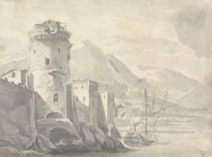 Befestede bygninger som stiger bratt fra en elvebredd (i Italia?) med båtsenter og fjerne fjell av Thomas Wyck