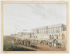 The New Court House og Chandpam Ghaut fra utsikten over Calcutta av Thomas und William Daniell