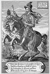 Portrett av Henry IV (1553 - 1610) (en hest) 45 år, gravert av Thomas de Leu.