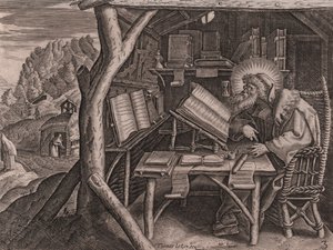 Den hellige Evagrius Ponticus fordypet i sine studier, etsing og gravering av Thomas de Lieu (1560-1612)