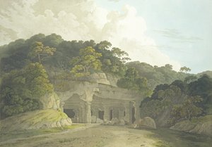 Inngangen til Elephanta-hulen, plate 58 fra 'Oriental Scenery: Twenty Four Views in Hindoostan', publisert 1800 av Thomas und William Daniell