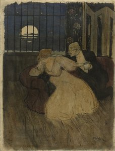 Gentleman i skjørt prøver å overtale en tvilende dame på en sofa av Théophile Alexandre Steinlen