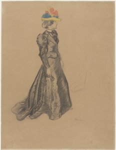 Stående dame i svart komplett med tog, og en farget stråhatt med sommerblomster av Théophile Alexandre Steinlen