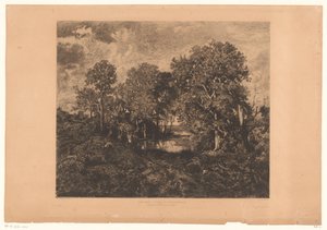 Utsikt over skogen i Fontainebleau med en figur ved en dam Une Mare - Forêt de Fontainebleau. (tittel på vare) av Théophile Chauvel