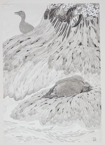 En ærfugl og en død fugl på en strand av Thorolf Holmboe
