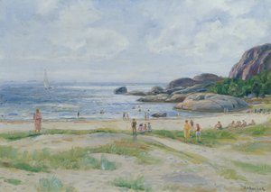 Folk som bader (olje på lerret) av Thorolf Holmboe