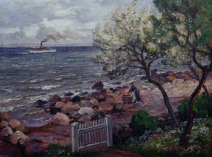 Sommerlandskap med hageport og kvinne (olje på lerret)