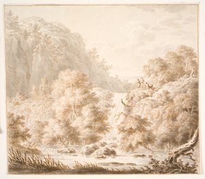 Fjelllandskap med trær og fosser, og tre figurer av Thorsten Elias Hjaltelin
