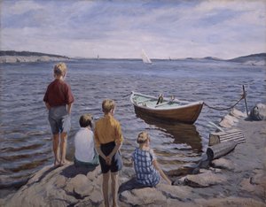 Barn ved kai (olje på lerret) av Thorvald Torgersen