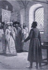 Boris Godunov i pensjonisttilværelse ved klosteret ba om å godta hans valg som tsar, illustrasjon fra Landmarks in European History utgitt av Gresham Publishing Co, ca. 1920 (litho) av Thure de Thulstrup