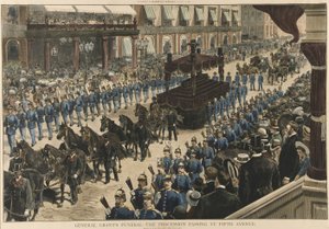 General Grants Funeral - Prosesjonen passerer Fifth Avenue, fra Harpers Weekly, pub. 1885 av Thure de Thulstrup