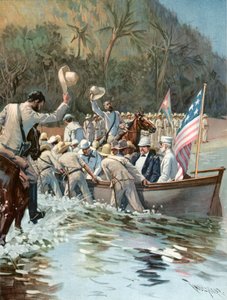 General Shafter og admiral Sampson lander på stranden ved Aserradero 20. juni for å konferere med general Garcia av Thure de Thulstrup