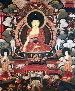 Buddha satt mellom sine to store disipler Cariputra og Maudgalyayana, scener fra livet til Buddha Sakyamuni, tibetansk sivilisasjon av Tibetan School