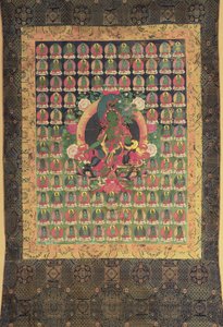Grønn Tara, (gouache og forgylt på bomull) av Tibetan School