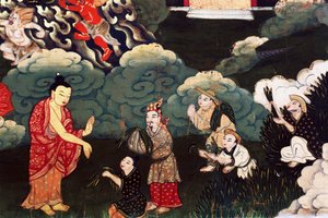 Tilbyr hauger med gress, scener fra Buddha Shakyamunis liv av Tibetan School