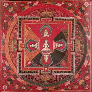 Thangka av en Vajrasattva Mandala (gouache på tekstil) av Tibetan School
