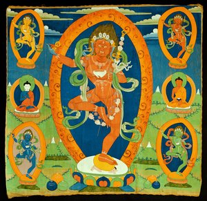 Thangka-maleri som viser Dakini Vajravarahi (Do rje pag mo) tibetansk, 1800-tallet (valpesyke på calico) av Tibetan School