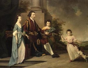 Thomas Noel, 2nd Viscount Wentworth, satt sammen med sine tre søstre, Judith, Elizabeth og Sophia, på terrassen med Oxford bak (olje på lerret) av Tilly (manner of) Kettle