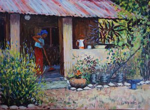 Girl Sweeping 2021 (olje) av Tilly Willis