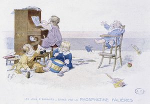 Barneleker: barn som spiller ulike musikkinstrumenter - dess. de Lobrichon, red. av Phosphatine Falières, v.1920 av Timoleon Marie Lobrichon