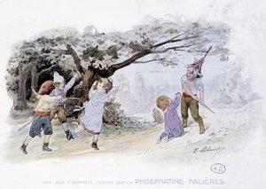 Barneleker: barn som leker krig, soldater - dess. de Lobrichon, red. av Phosphatine Falières, v.1920