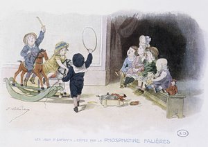 Barneleker: barn med forskjellige leker (bøyle, gyngehest, dukker...) - dess. de Lobrichon, red. av Phosphatine Falieres, v.1920 av Timoleon Marie Lobrichon